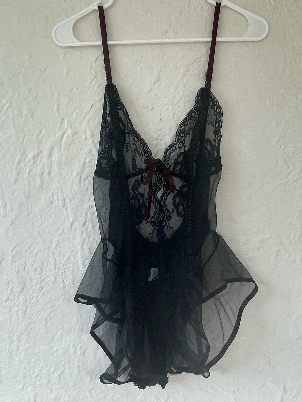 Vintage style black sheer lace bodice, flared mesh skirt, red tie sash; size L